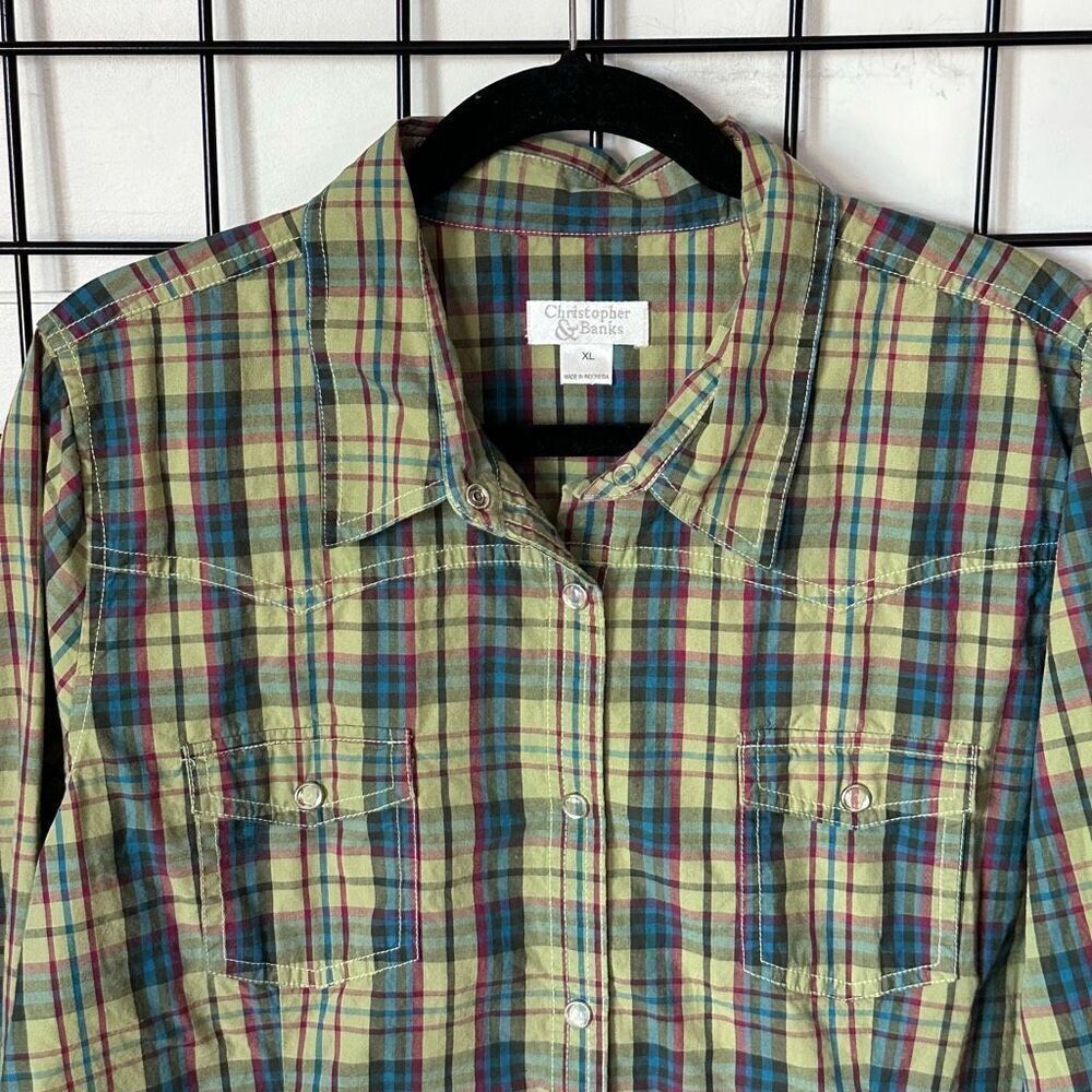 Christopher & Banks LS‎ Pearl Snap Plaid Shirt Womens XL Green Western